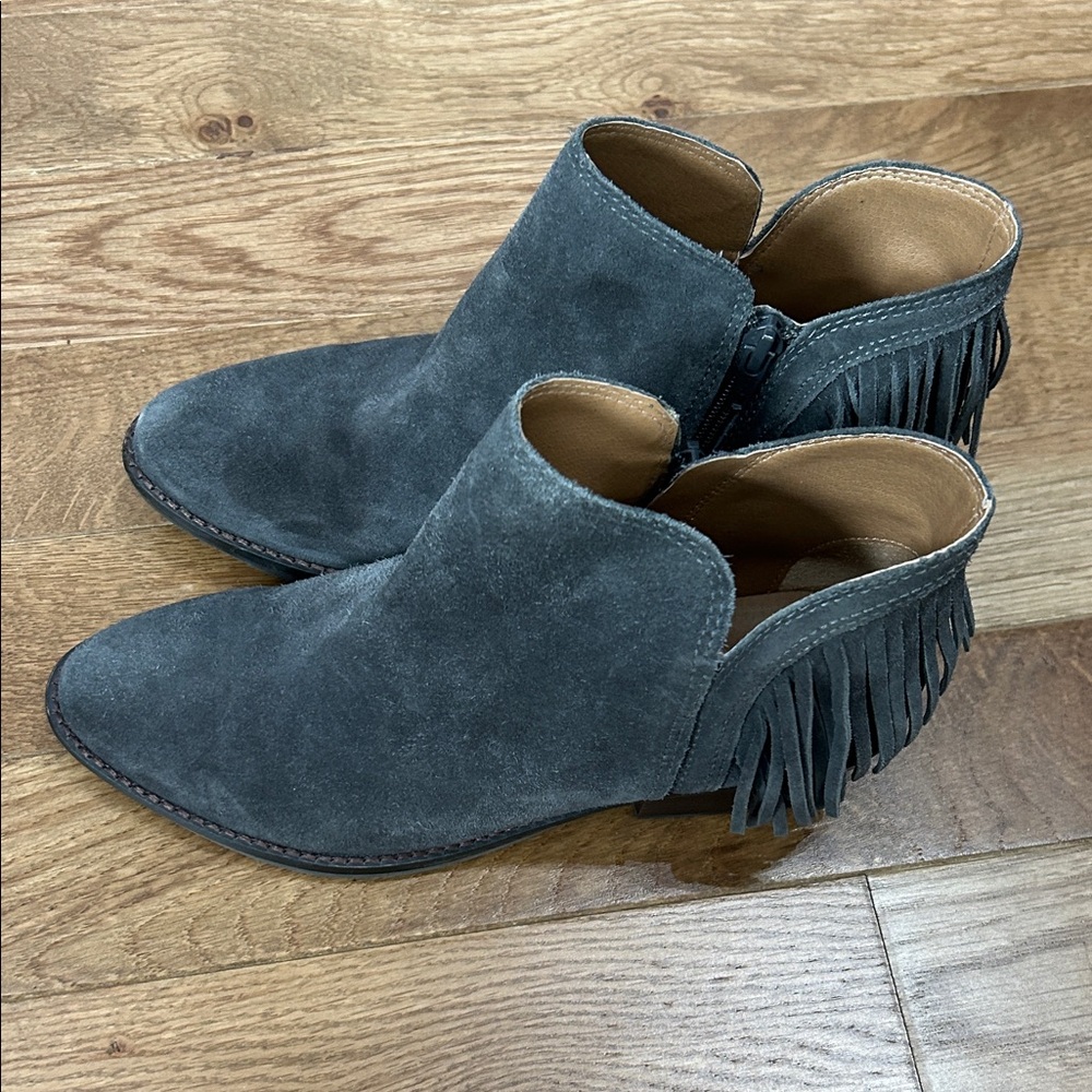 Lucky Brand Gray Suede Fringe Ankle Booties